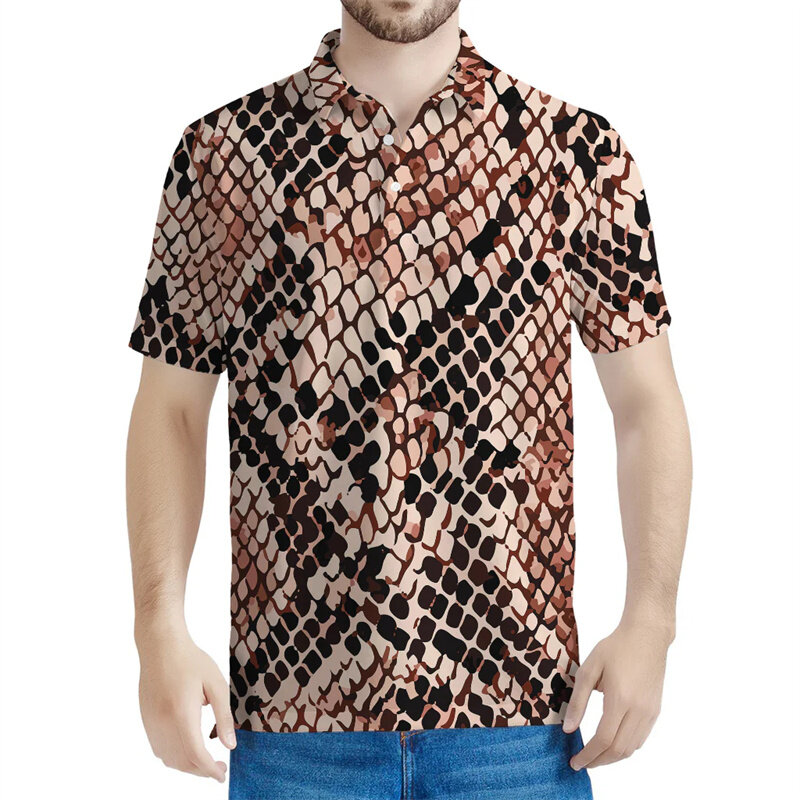 스네이크 스킨 패턴 폴로 셔츠 남녀공용, 3D 프린트 동물 스킨 티, 스트리트 단추 폴로 셔츠, 라펠 반팔, 펑크 패션