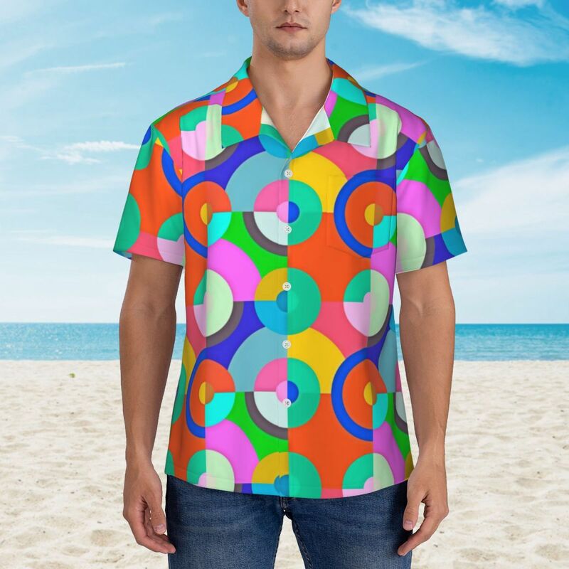 Camisa de férias colorida com estampa geográfica masculina, camisas casuais de verão, blusas masculinas legais, manga curta, roupas estampadas Harajuku, multi círculos