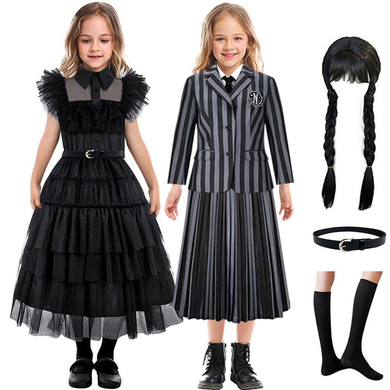 Black Wednesday Role Play 2023 New Halloween Carnival Party Black Evening Dress Girl Hollow out Tulle Princess Dress