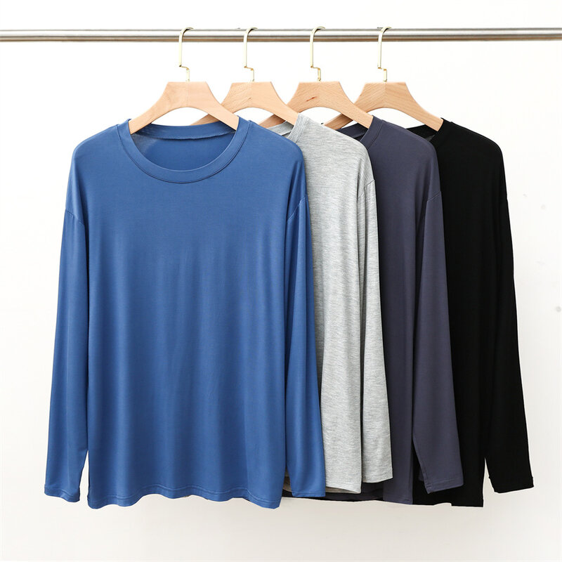 New 2024 Men's Modal T-shirt Sleep Tops O-neck Long Sleeve Elastic Homewear Solid Casual Sleepwear Men Clothes Spring Pajamas