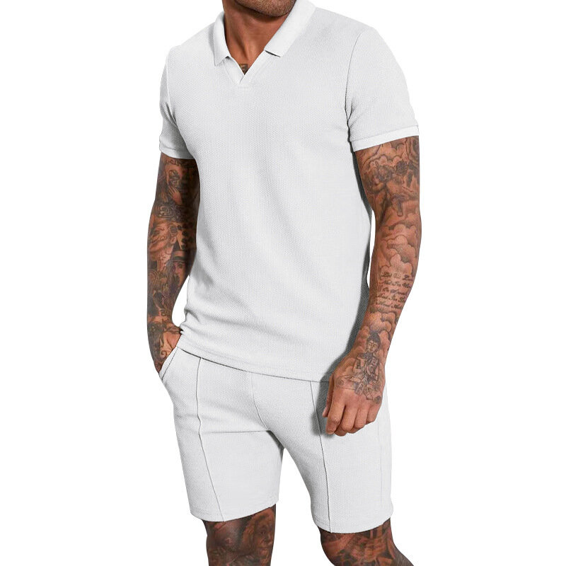 Waffle V-neck Short Sleeve Shorts Set Polo Fashion Slim Fit Set Men's Summer New Clothing Men's Set 2023 New Mens Clothes