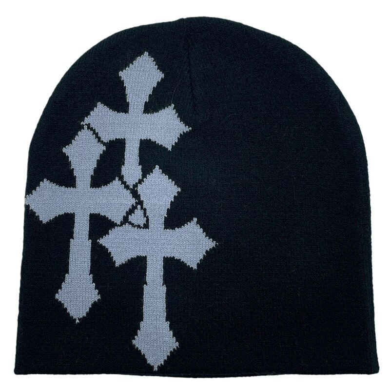 Bonnet en tricot à motif croisé, bonnet gothique à trois croix, bonnet de sport doux en plein air, bonnet pull chaud pour l'hiver, Y2K, mode