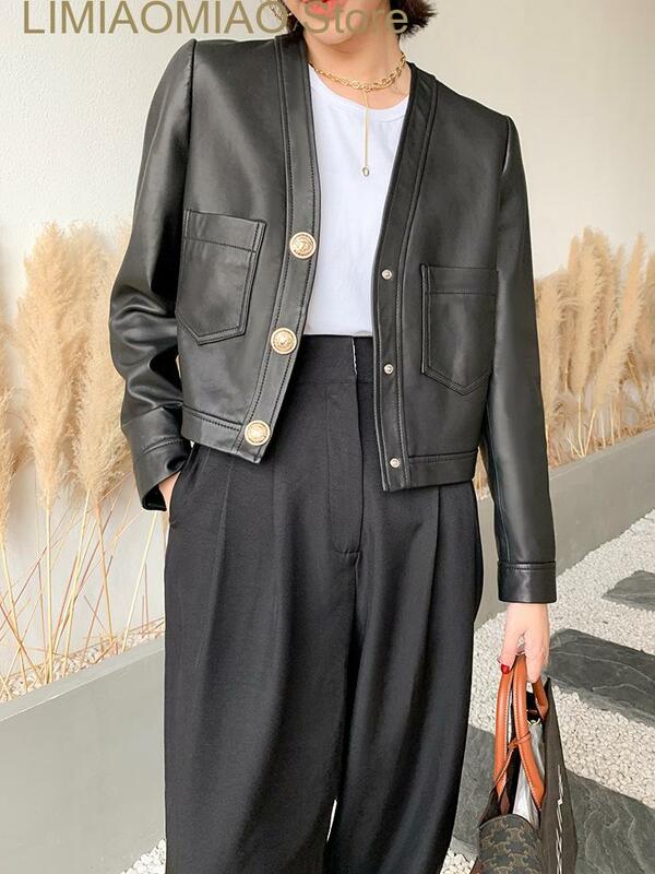Jaket kulit asli wanita streetwear klasik musim dingin baru mantel kulit domba asli crop