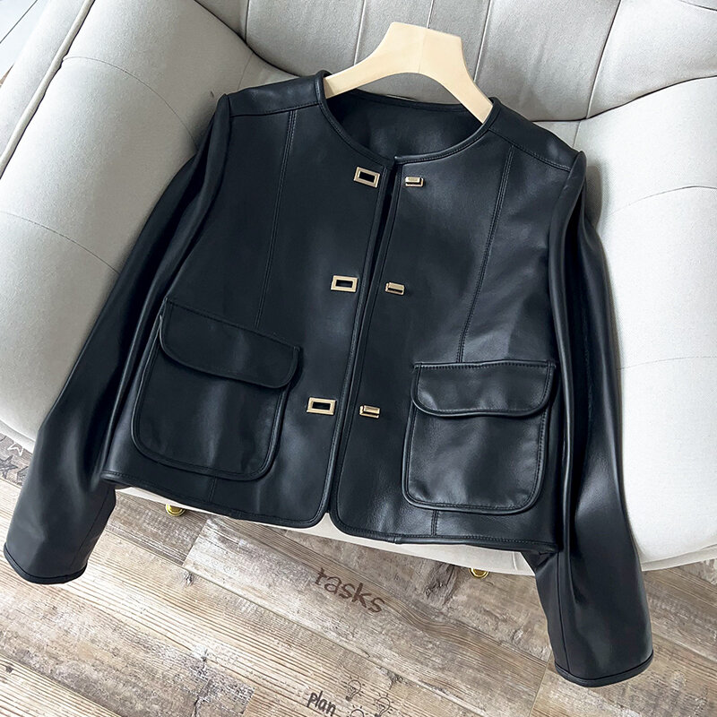 2024 New Spring Sheepskin Jacket Genuine Leather Coat Black Women's Short Motorcycle Slim Real Leather Jacket Autumn Cool Suit