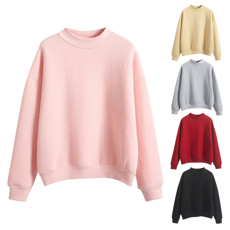 2023 Frau Sweatshirts süße koreanische O-Ausschnitt gestrickte Pullover dicke Herbst Winter Süßigkeiten Farbe lose Hoodies feste Damen bekleidung