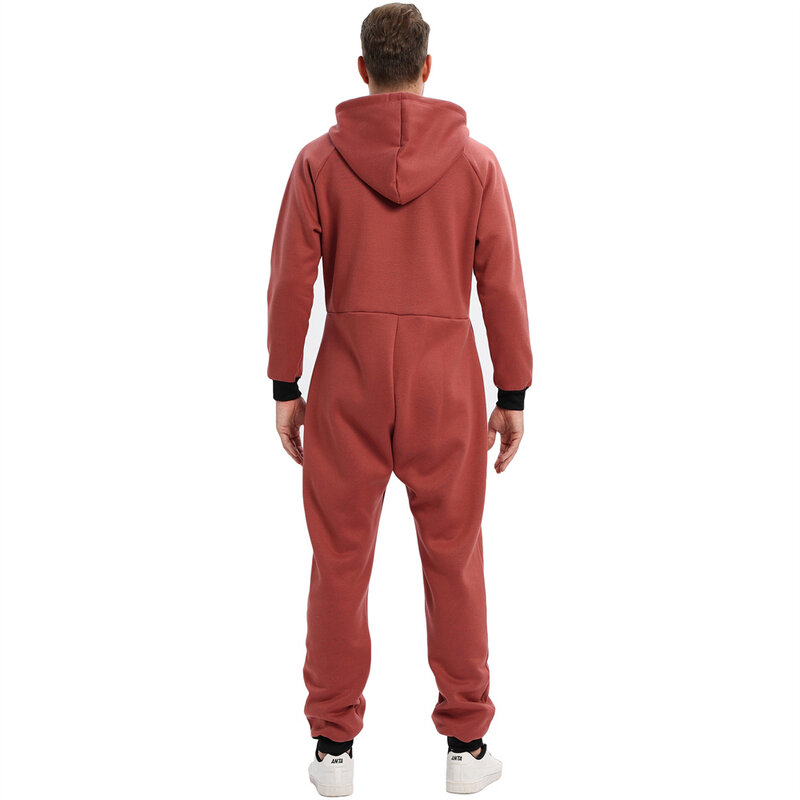 Autumn Winter Thickened Men's One-Piece Pajamas Loose Casual Hooded Sweater Sleepwear with Pocket Warm Male Jumpsuit Home Wear