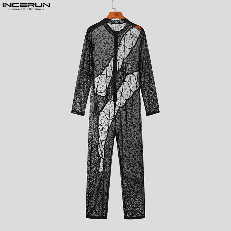 INCERUN Sexy Men's Leopard Grain Bodysuits See-through Mesh Cross Design Jumpsuit Hollow Long Sleeve Tight Jumpsuits S-5XL 2023