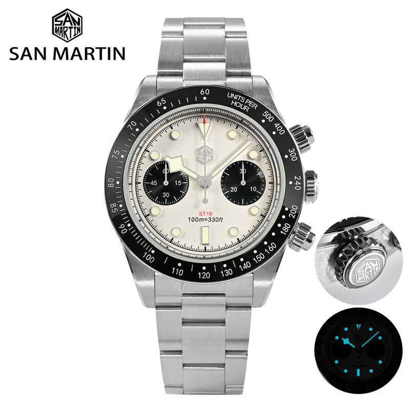 San Martin-reloj deportivo para hombre, cronógrafo con diseño de Panda BB, 40mm, ST1901, Manual, mecánico, de zafiro, resistente al agua, 100M, BGW-9