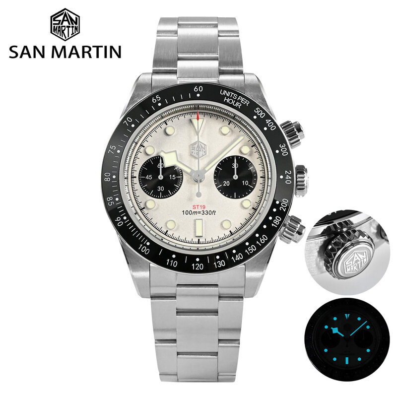 San Martin Nieuwe 40Mm Panda Bb Chronograaf Heren Horloge Sport Mode Stijl St1901 Handleiding Mechanische Saffier Waterdicht 100M BGW-9