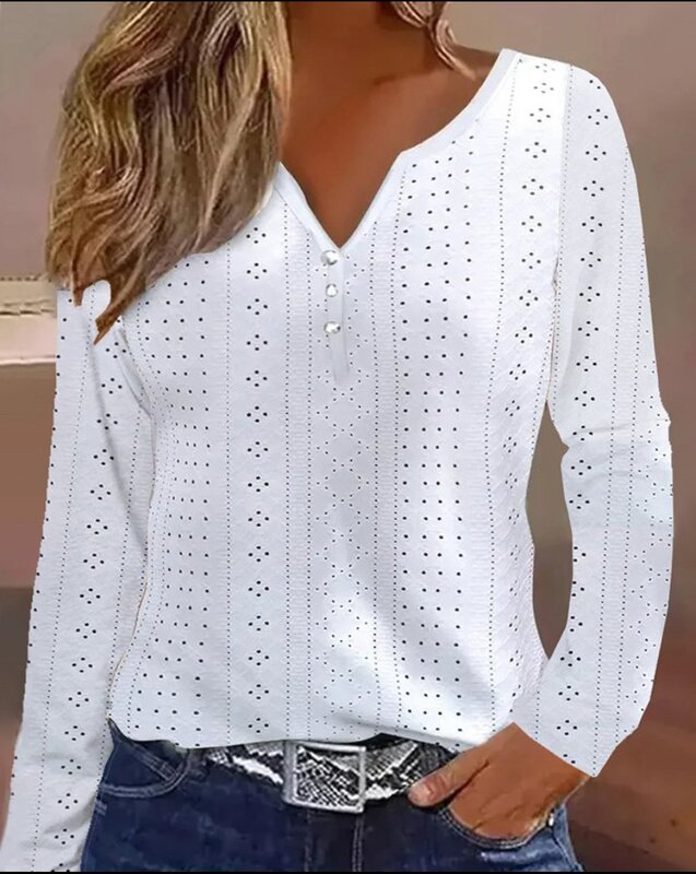 Женская блузка с длинным рукавом, V-образным вырезом и вырезами