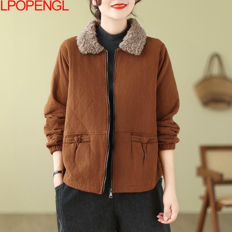 여성용 빈티지 문학 디스크 버클 패치워크 양털 코튼 코트, 겨울 단색 긴팔 지퍼 스트리트웨어, 두꺼운 재킷