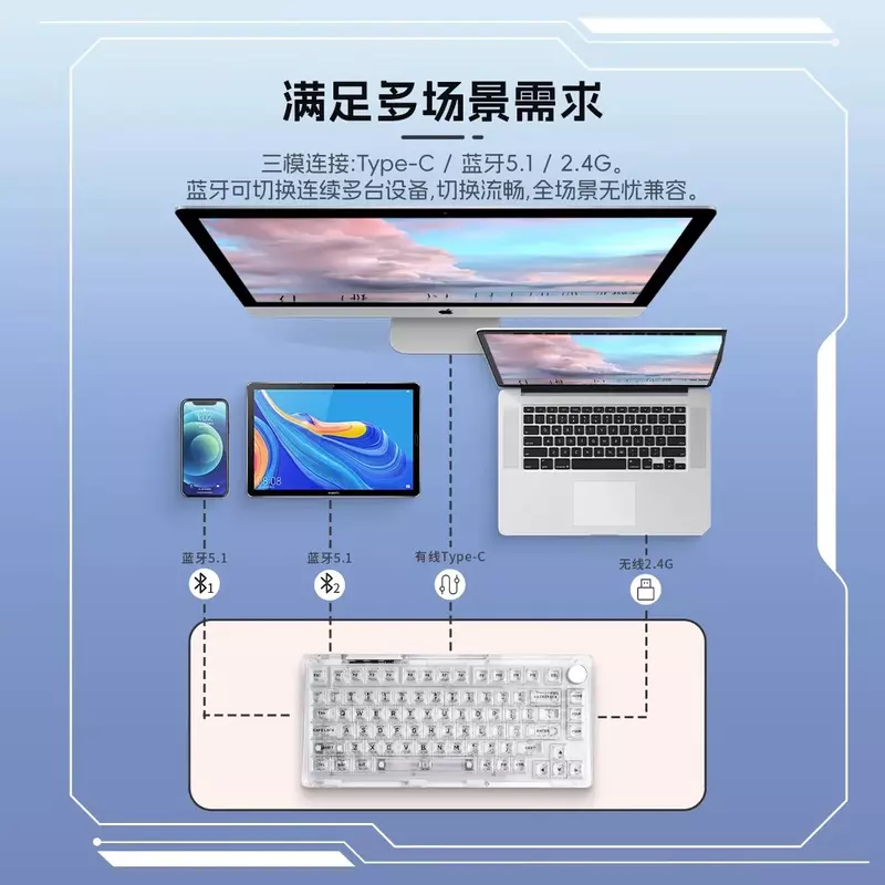 Прозрачная механическая клавиатура Kiiboom Phantom 81, 3 режима, 2,4 ГГц/Bluetooth, беспроводная клавиатура с горячей заменой, игровая клавиатура для Win/Mac