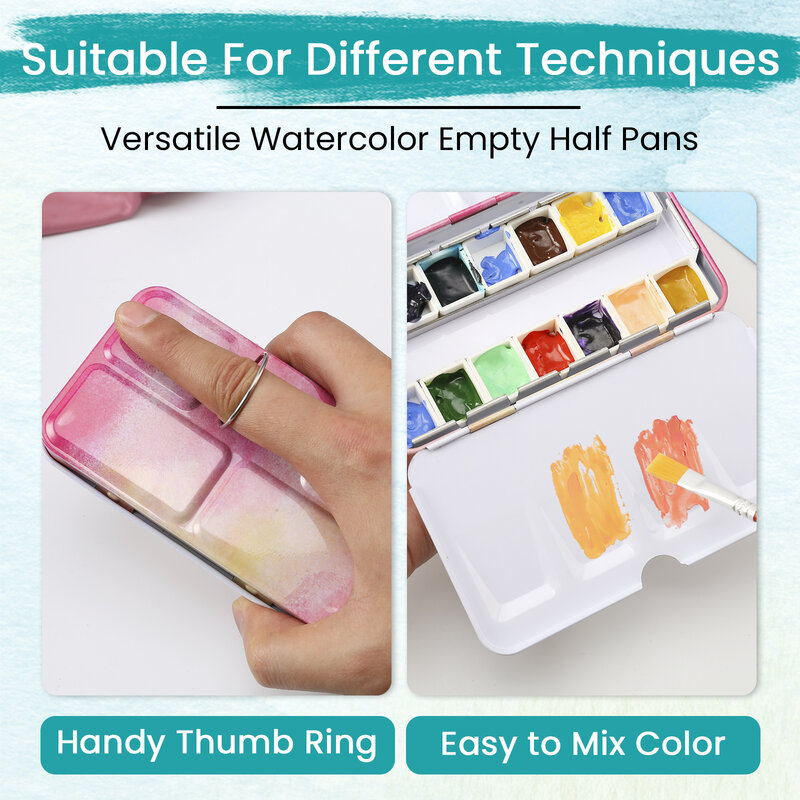 Watercolor Palette Empty w/Removable Paint Tray & 14PCS Empty Watercolor Half Pans - Travel Watercolor Palette with Lid
