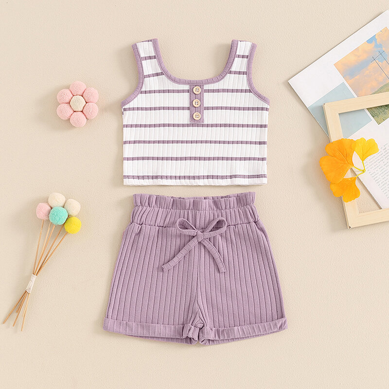 2024-04-01 Lioraitiin Toddler Baby Girl Summer Ribbed Set Striped Round Neck Sleeveless Tank Tops Elastic Waist Shorts Outfits