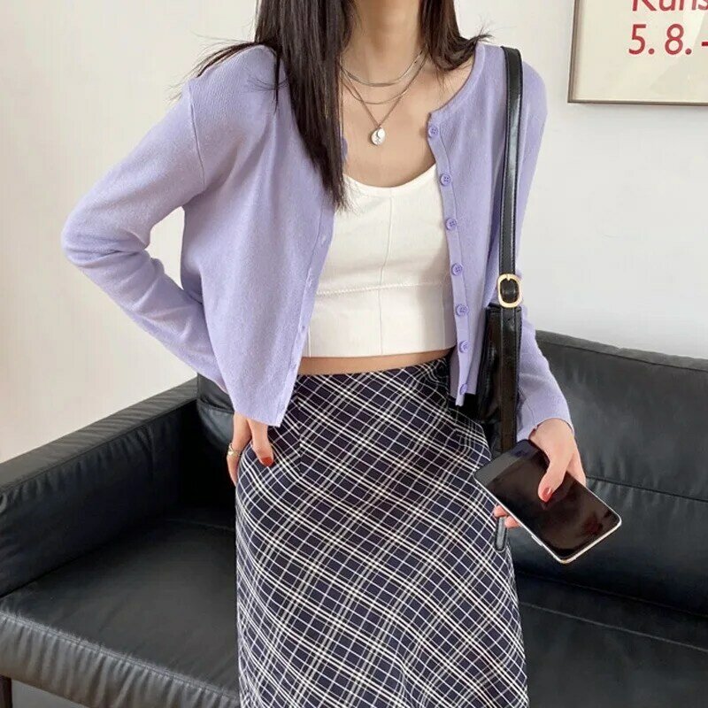 Kardigan rajut Fashion Perancis, mantel tipis pendek pinggang tinggi, pakaian atasan Sweater ungu muda musim semi wanita
