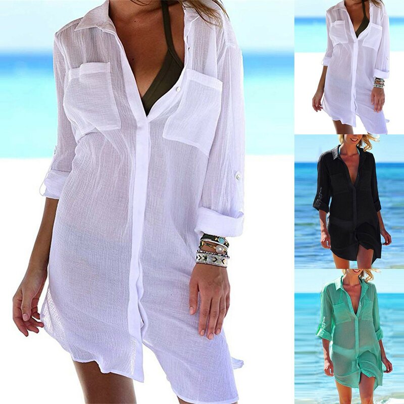Cardigan trasparente in Chiffon da donna camicetta con bottoni manica lunga costumi da bagno coprire abiti da spiaggia estivi per abbigliamento donna boho