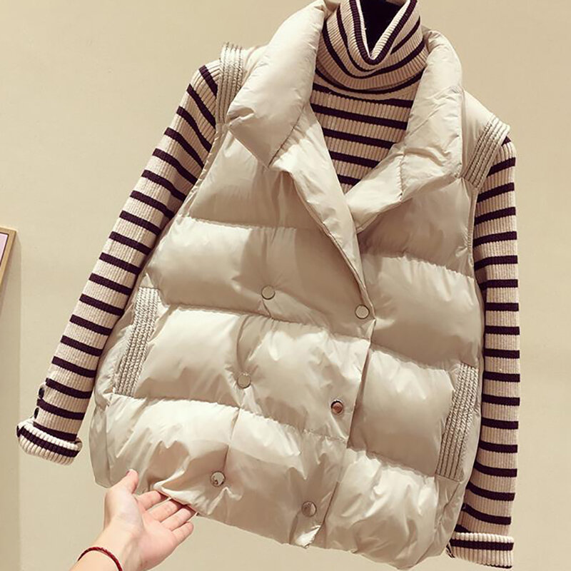 Jaket kardigan tanpa lengan wanita, mantel rompi katun hangat kasual Korea elegan modis musim dingin