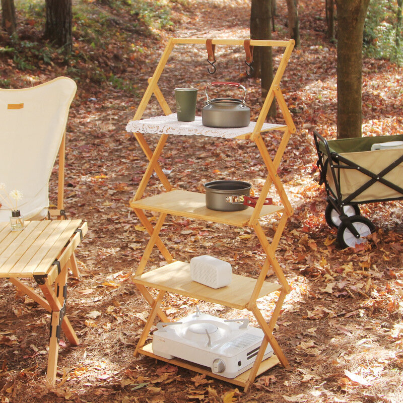 Outdoor Foldable Multi-Layer Camping Rack, portátil, sem instalação, armazenamento de bambu, mesa dobrável multifuncional, sem saco