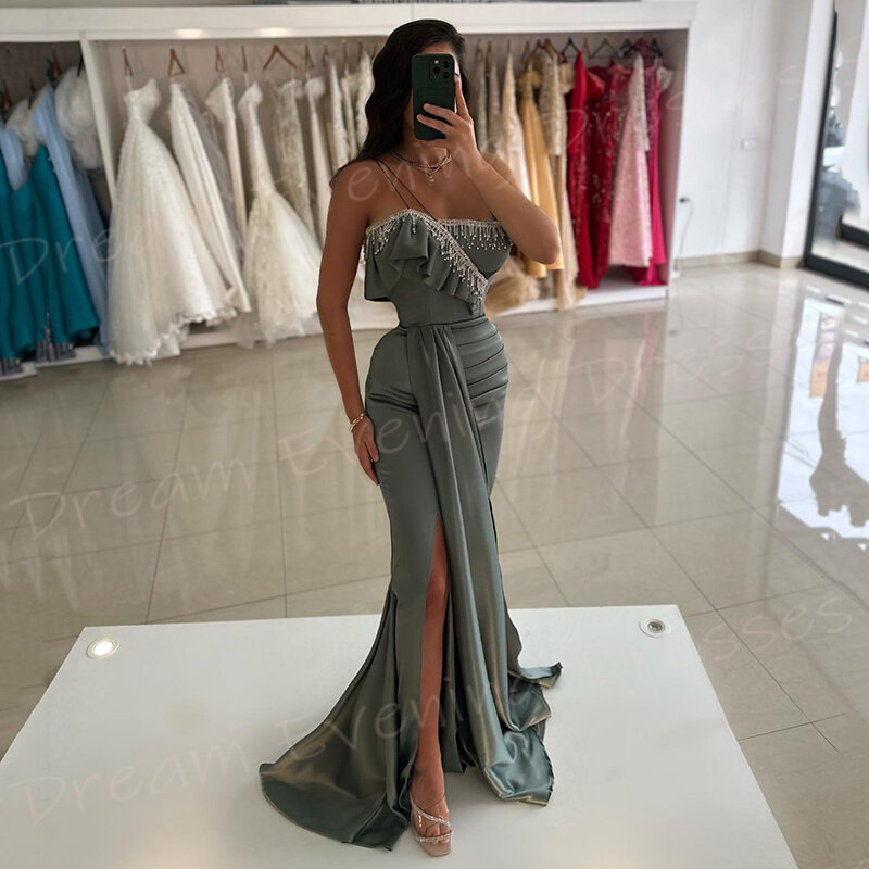 Arabia Saudyjska Hojne damskie syrenka urocze suknie wieczorowe bez rękawów plisowane suknie na bal maturalny seksowna suknia z rozcięciem De Soiree Femmes