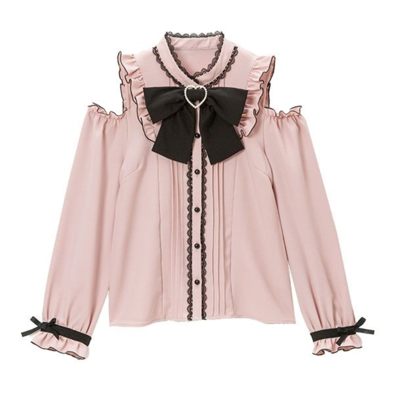Harajuku Kawaii Lolita Blouse Oversized Lente Vrouwen Kant Boog Lange Mouw Roze Formele Shirts Girly Vintage Japanners Tops Blusas