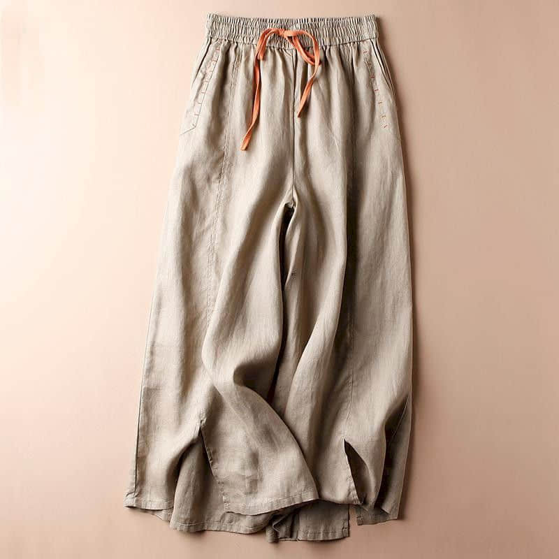 Pantalones de lino y algodón para mujer, pantalón holgado, informal, Vintage, fino, estilo coreano, cintura elástica, pierna ancha