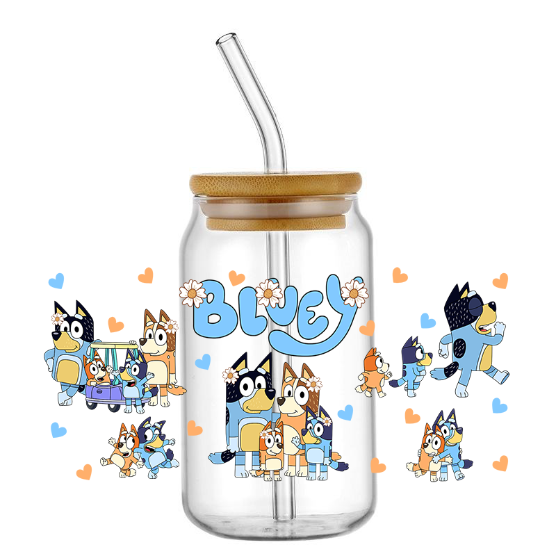 Cartoon Dog Sticker Decalques, UV DTF Cup Wrap, Transferências para copos de vidro, 16oz