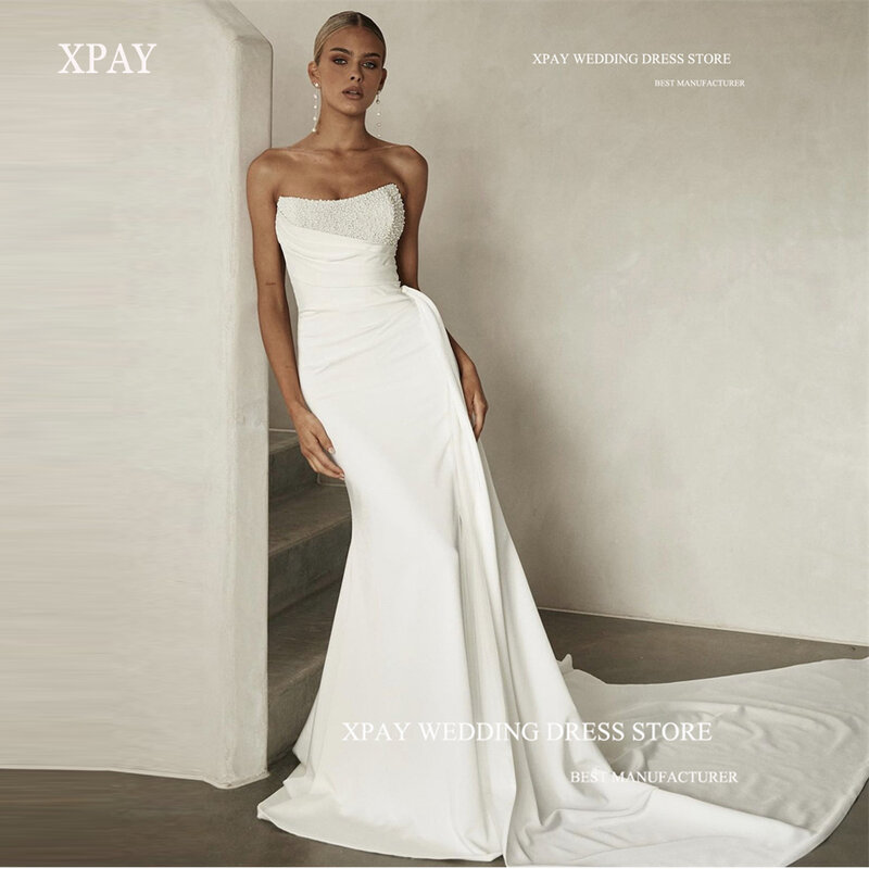 Xpay sexy träger lose Meerjungfrau Hochzeits kleider Stretch Satin Perlen fegen Zug elegante Brautkleider vestido de noiva