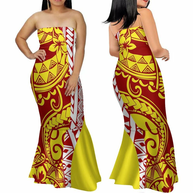 Vestido longo sem o ombro feminino, vestido maxi, design tribal samoano, festa à noite, moda rabo de peixe