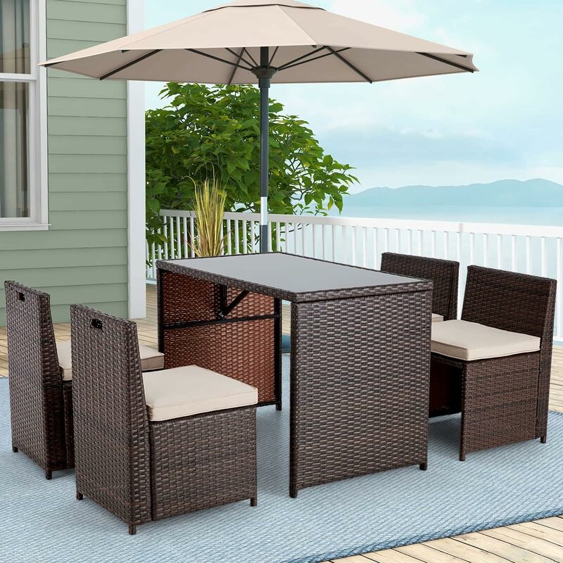 5 Pieces Patio Dining Set, Wicker Patio Furniture Conversation Set with Glass Table and Seat Cushions, Outdoor Table & Chairs
