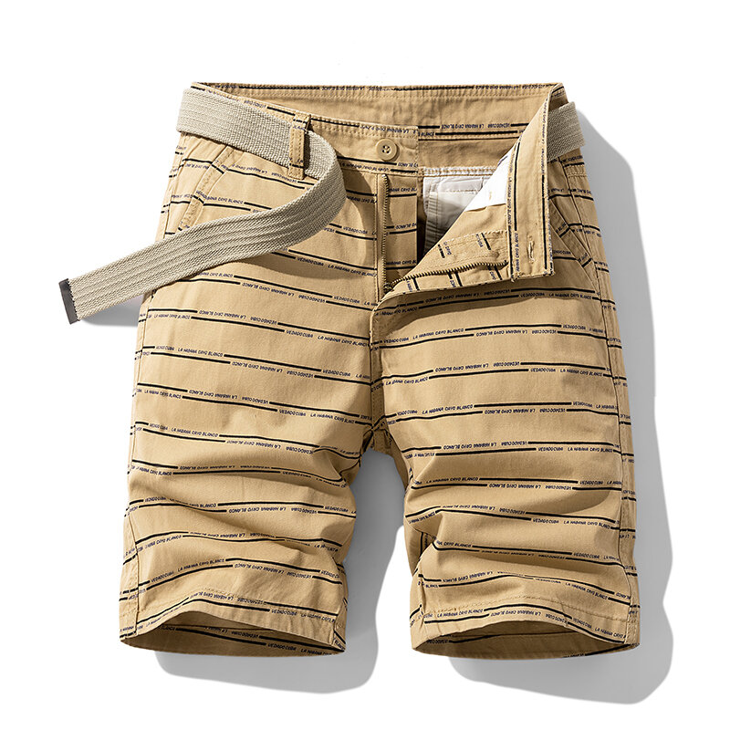 Celana pendek kargo bergaris pria, celana pendek pantai katun bersirkulasi udara santai taktis militer musim panas untuk pria