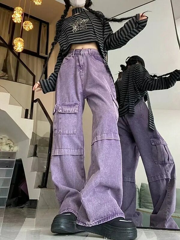Denim Overalls With Multiple Pockets High Waist Purple Hong Kong Style Retro Women Autumn Loose And Versatile Straight Overalls