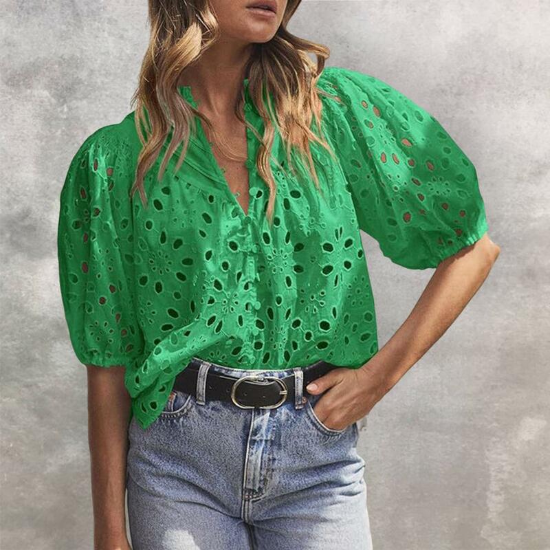Women Casual Summer Tops V-neck Lantern Short Sleeve Shirt Hollow Flower Pattern Blouse Solid Color Pullover Tops Streetwear
