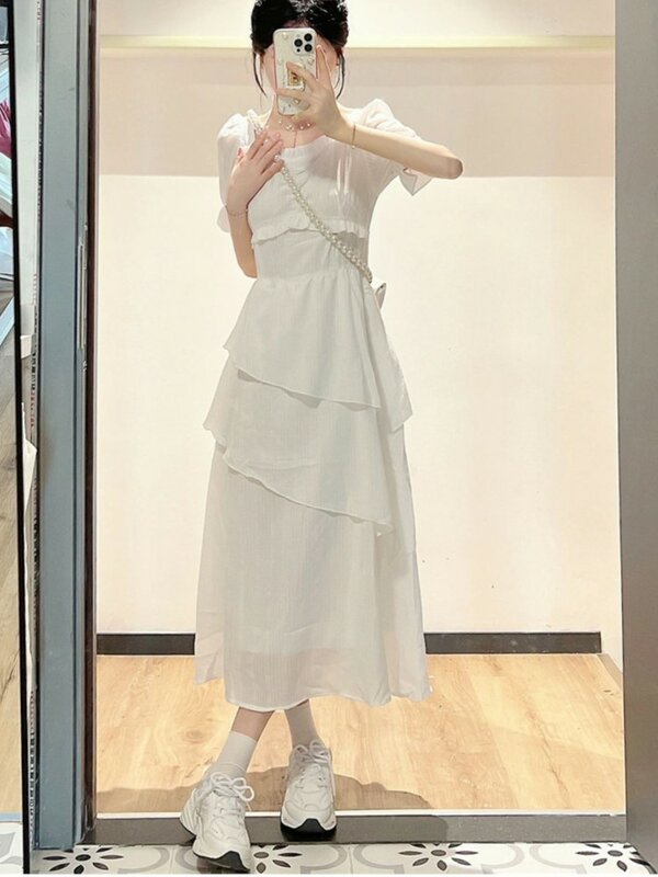Sommer Midi Kleid Frauen unregelmäßige Rüschen Plissee Mode süße quadratische Kragen Damen Kleider koreanischen Stil hohe Taille Frau Kleid