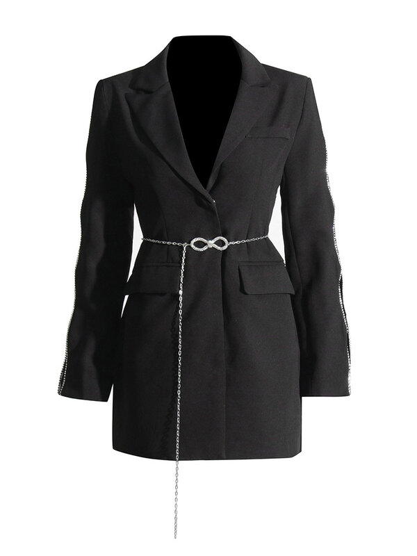 Pakaian kerja wanita kristal hitam, 1 potong Blazer dengan sabuk, jaket panjang Formal kantor, pakaian kerja wanita bisnis, mantel musim semi