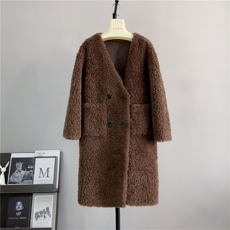 여성용 양털 시어링 V넥 롱 코트, 곱슬 양모, 가을 및 겨울 재킷, 파카, PT439, 신상