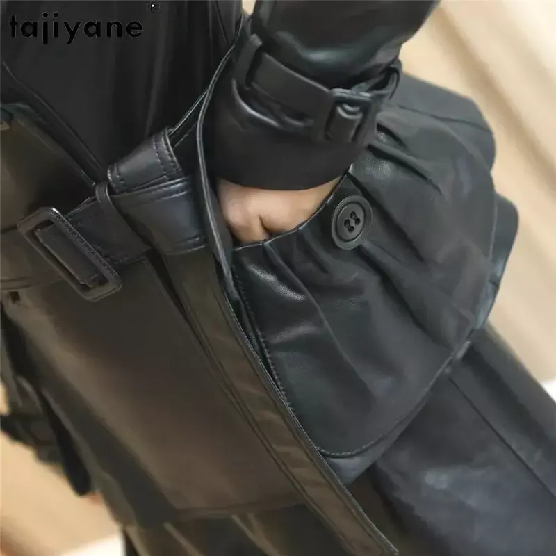 Tajeyane-Chaqueta de piel auténtica para mujer, abrigo corto de piel de oveja, cinturón, moda coreana, 2023