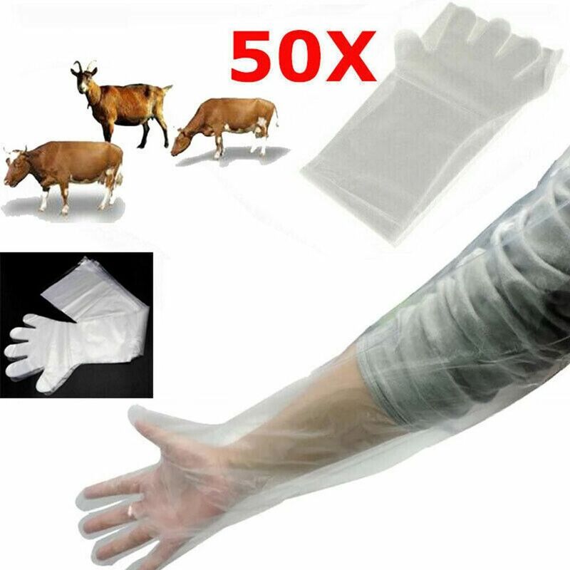 Guante de veterinario desechable transparente, de plástico resistente, para granja, examen veterinario, de brazo largo, para examen Rectal, 50 piezas