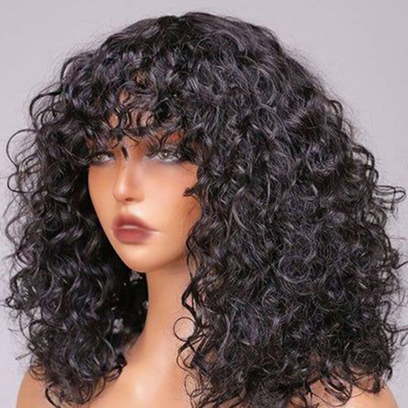 Peluca de cabello humano rizado con flequillo para mujer, postizo de pelo brasileño Natural con ondas profundas, 180% de densidad