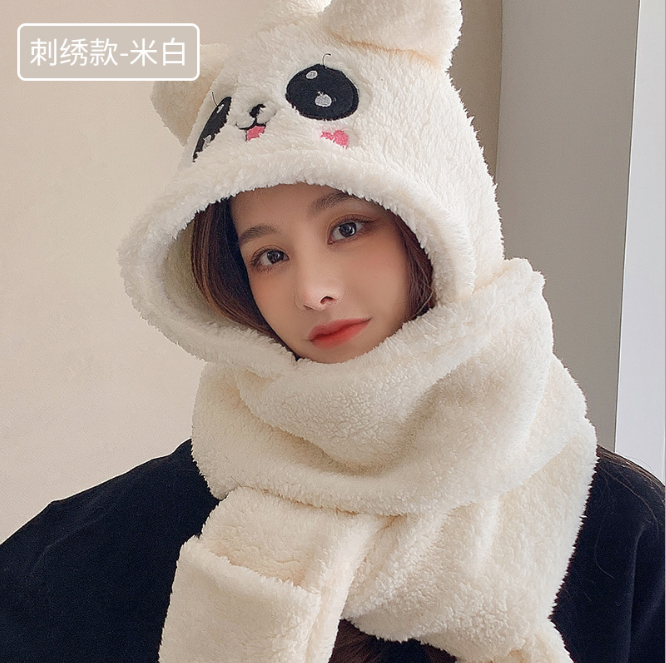 Little Bear Scarf Female Winter Hat Scarf One Lovely Lamb Cashmere Thickened Warm Neck Protection Winter Girl Embroidered Khaki