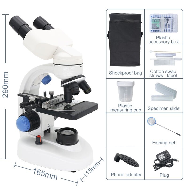 2000X 쌍안 현미경 LED 조명 생물 현미경, 교육용 학생 과학 실험 스마트폰 클립 포함