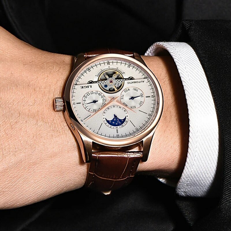 Zegarki męskie LIGE Automatyczny zegarek mechaniczny Tourbillon Zegarek z prawdziwej skóry Wodoodporny zegarek męski wojskowy