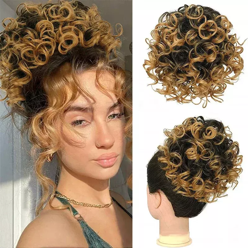 Synthetic Puff Messy Hair Bun Elastic Drawstring Ponytail Hairpiece for Women Short Natural Curly Fake Bun Hair Piece Extension