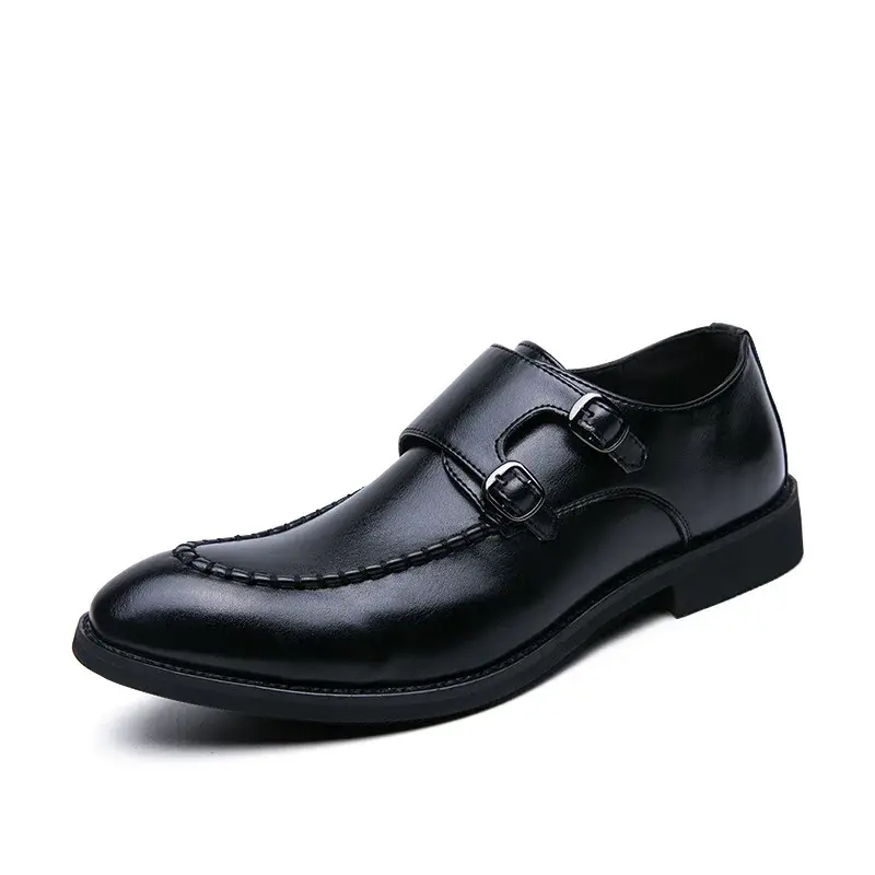 Sapatos de couro empresarial japonês masculino, tamanho grande, sapatos de Munk Formal Casual Low Top Buckle Monk Shoes, PX041