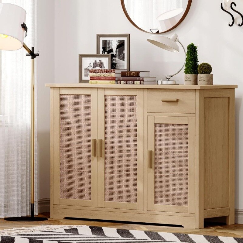 Kitchen Storage Cabinet, Sideboard Buffet Cabinet with Rattan Decorated Doors, Farmhouse Console Table with Drawer