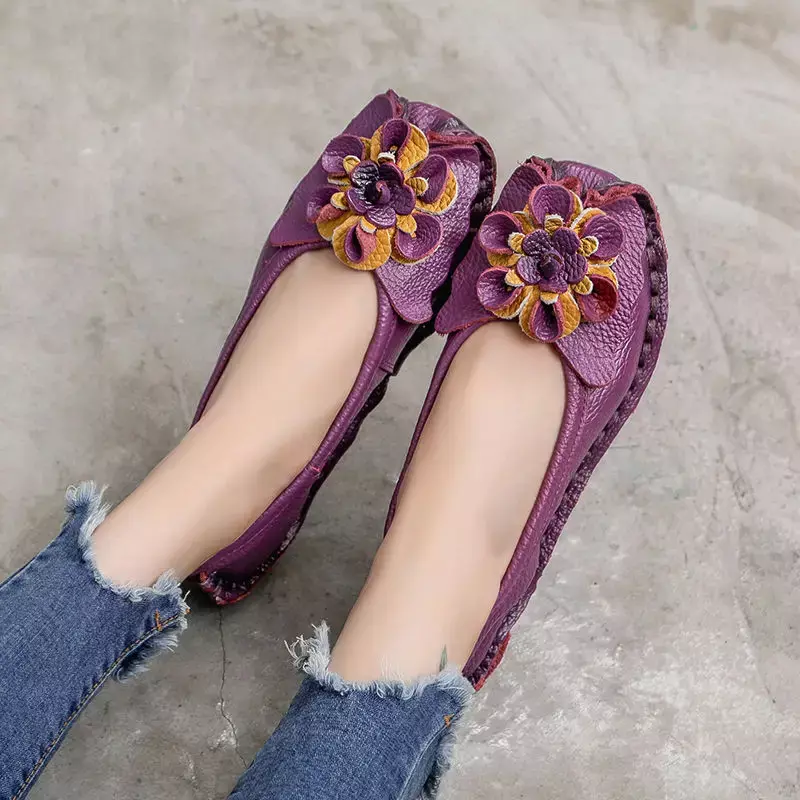 2024 Women's Noble Purple Geunine Leather Vintage Flats Woman Deisgner Flat Shoes for Women Sewing Oxford Sneaker