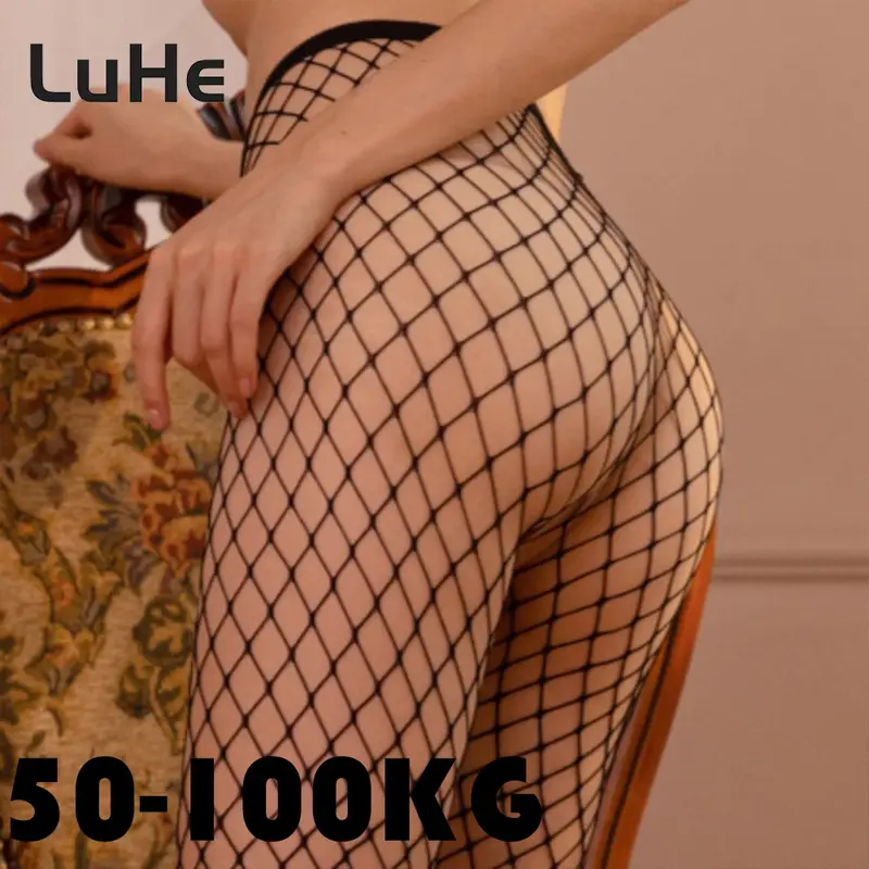 Meias longas de rede para mulheres, meia-calça arrastão, calças justas de malha, lingerie, preta, alta, sexy, tamanho positivo, 70-100kg