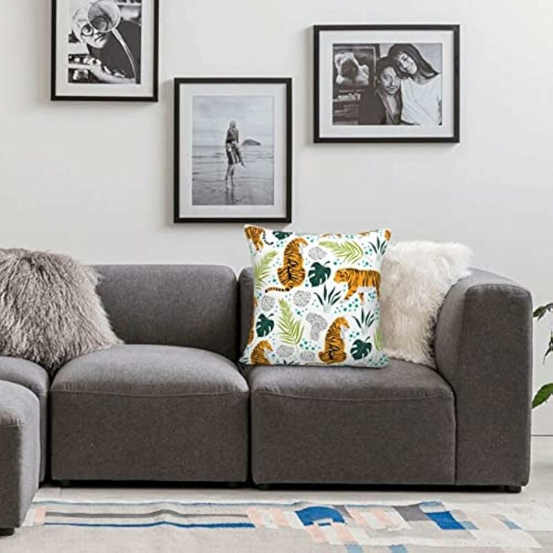 Juste de coussin blanche avec tigres et feuilles tropicales de dessin animé, taie d'oreiller pour canapé, lit, chaise, salon, décoration de la maison