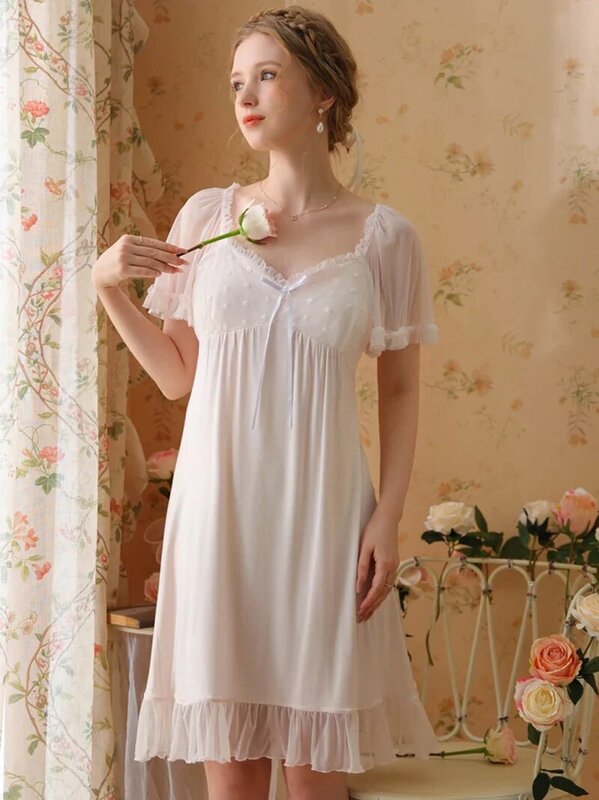 Damska seksowna koszula nocna Vintage księżniczka z krótkim rękawem słodkie dziewczyny piżama z odkrytymi plecami modalna siatka wróżka bielizna nocna wiktoriańskie koszule nocne