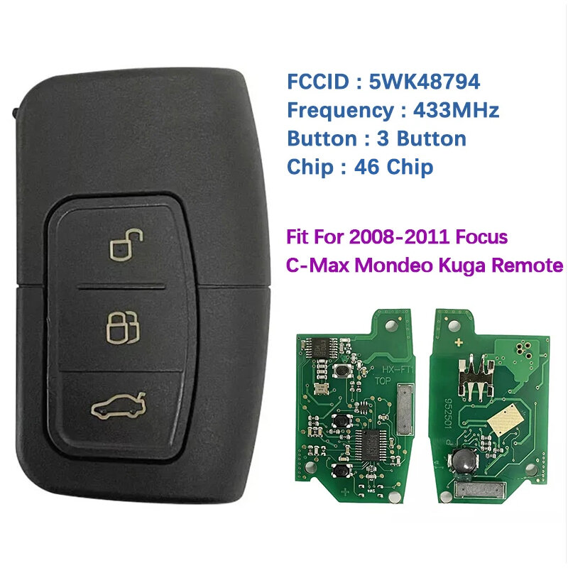 Chave de cartão inteligente de 3 botões para Ford C-Max Focus Mondeo Kuga 2006-2011, 5WK48794, chip ID46, 433Mhz, 3M5T-15K601-DC, CN018048