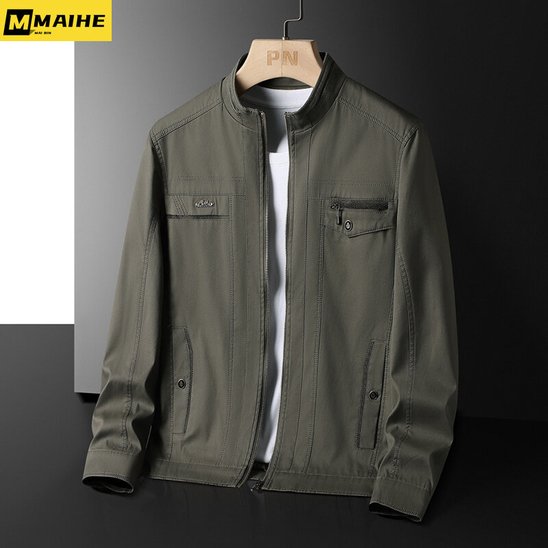 Jaket pria musim semi musim gugur 2023 mode retro kerah berdiri bisnis mantel tipis jaket kasual katun murni baju pria merek 5XL